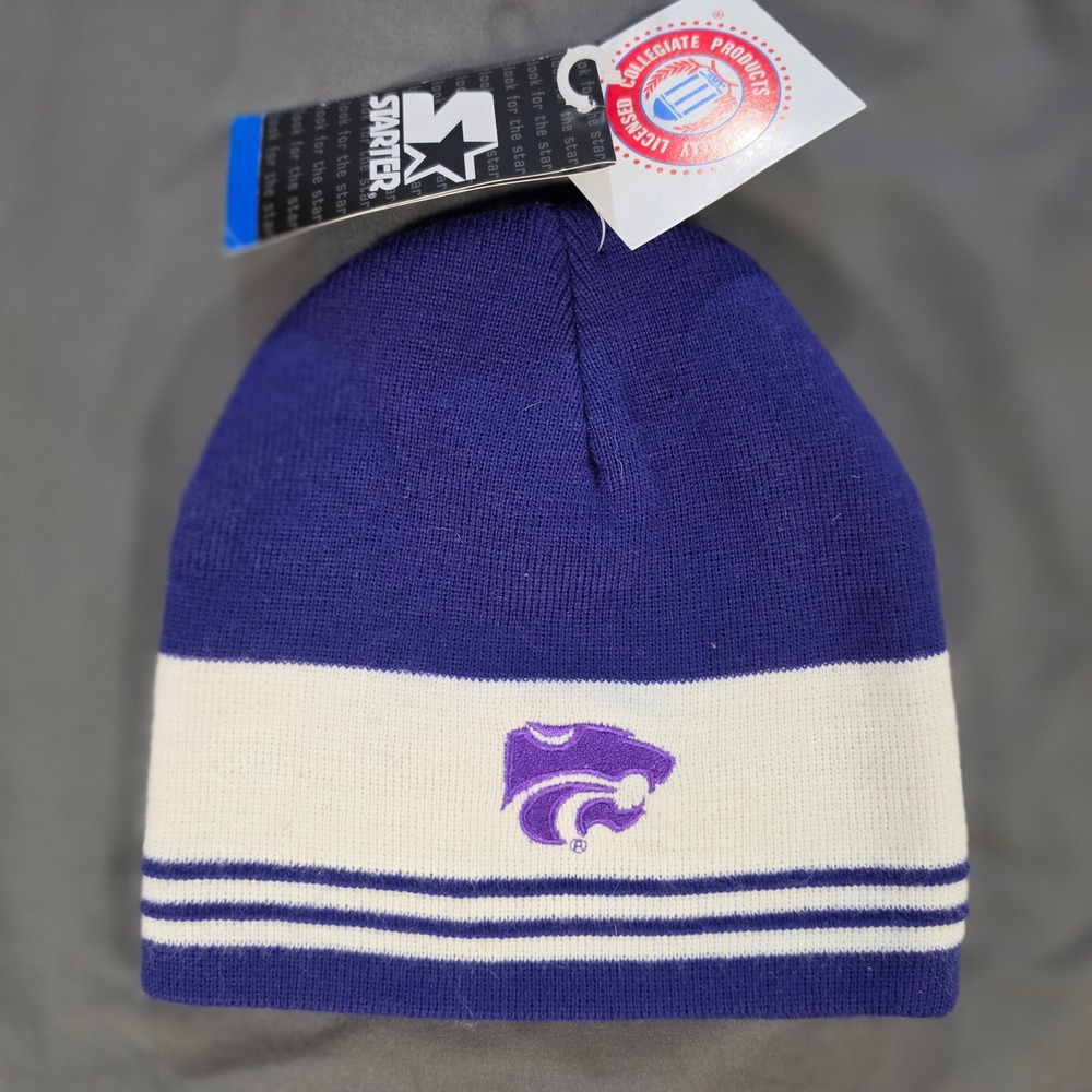 Vtg Starter Kansas State Wildcats Beanie Hat Purple White Knit Powercat Logo NWT